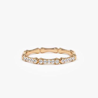 14k Gold Round Diamond Bamboo Pave Ring 0.15 ctw 2mm Band