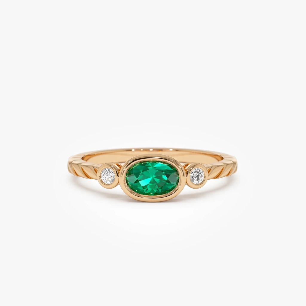 14K Gold Oval Emerald Round Diamond Three Stone Ring 0.57 CTW Custom Jewelry