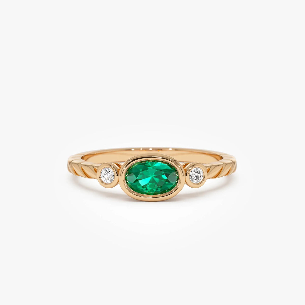 14K Gold Oval Emerald Round Diamond Three Stone Ring 0.57 CTW Custom Jewelry