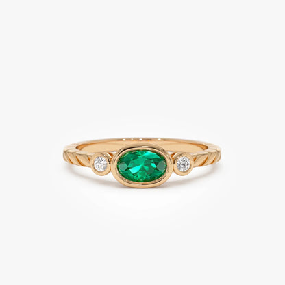14K Gold Oval Emerald Round Diamond Three Stone Ring 0.57 CTW Custom Jewelry