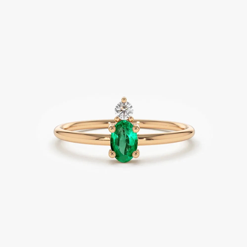 14K Gold Oval Emerald and Round Diamond Ring 0.19 CTW Prong Setting Handcrafted Jewelry