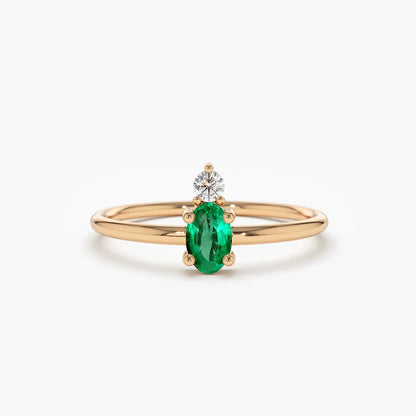 14K Gold Oval Emerald and Round Diamond Ring 0.19 CTW Prong Setting Handcrafted Jewelry