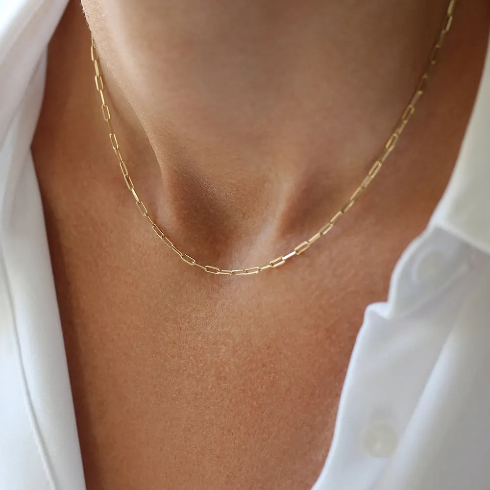 14k Solid Gold Tiny Paperclip Link Necklace Minimalist Layering Chain
