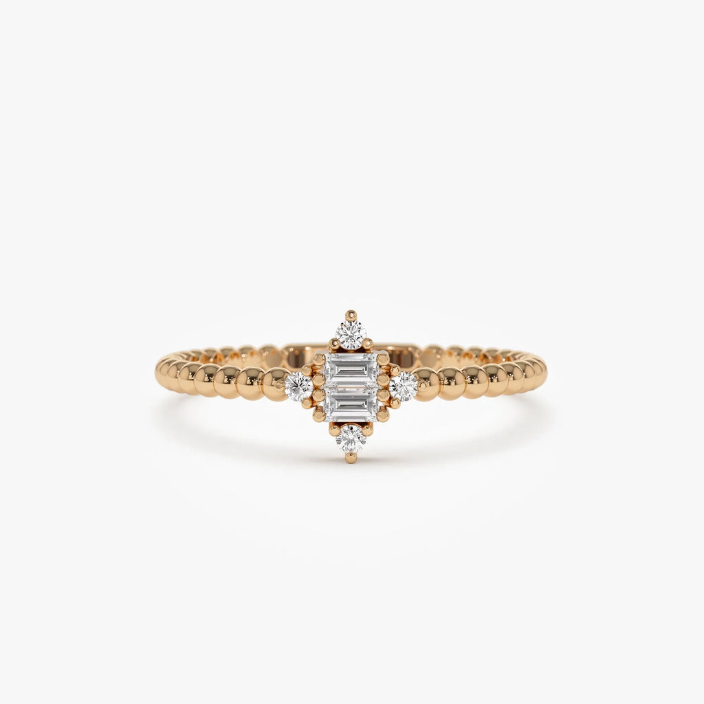 14k Solid Gold Baguette and Round Diamond Beaded Stacking Ring 0.12 ctw
