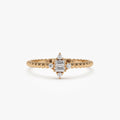 14k Solid Gold Baguette and Round Diamond Beaded Stacking Ring 0.12 ctw