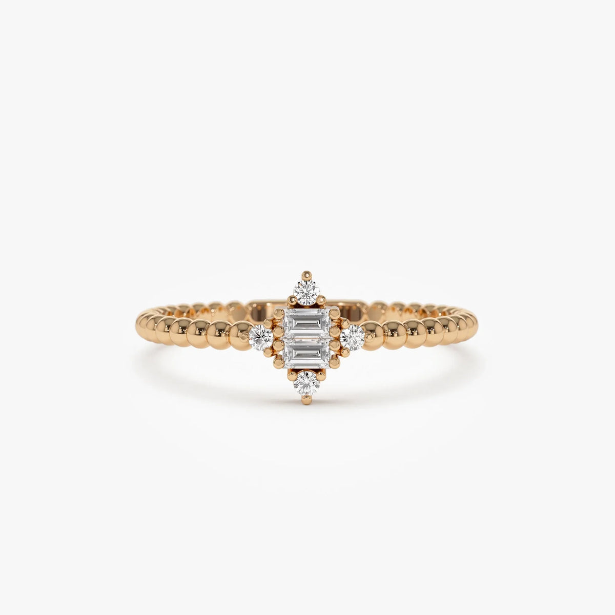 14k Solid Gold Baguette and Round Diamond Beaded Stacking Ring 0.12 ctw