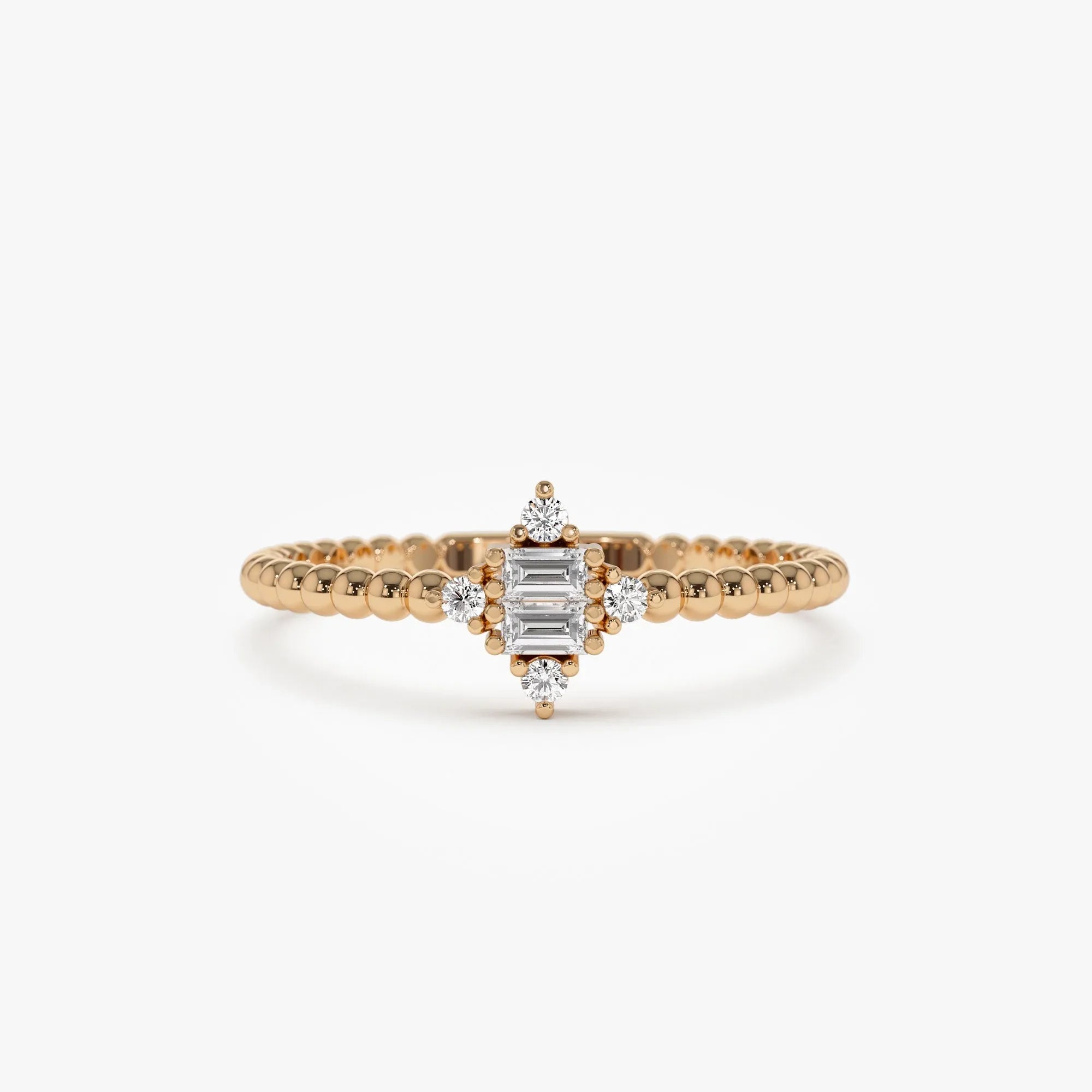 14k Solid Gold Baguette and Round Diamond Beaded Stacking Ring 0.12 ctw