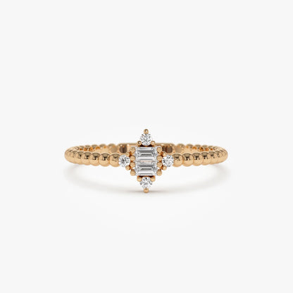 14k Solid Gold Baguette and Round Diamond Beaded Stacking Ring 0.12 ctw