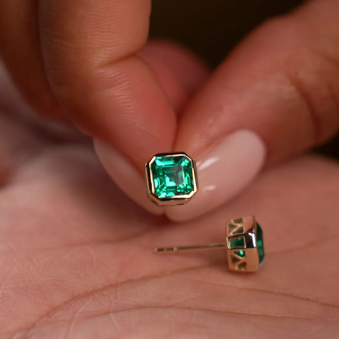 14k Gold Lab Grown Colombian Emerald Asscher Cut Bezel Setting Stud Earrings 2.30 ctw