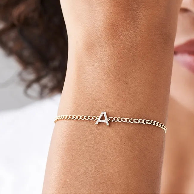 14K Solid Gold Round Diamond Initial Curb Link Bracelet Micro Pave 0.15 Carat