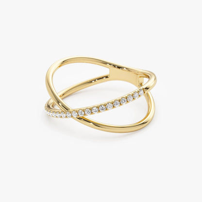 14K Solid Gold Round Diamond 0.12 Carat Criss Cross Single Side Ring