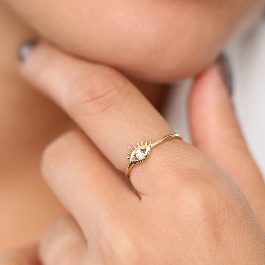 14k Gold Round Diamond Evil Eye Ring Channel Setting 0.07ctw
