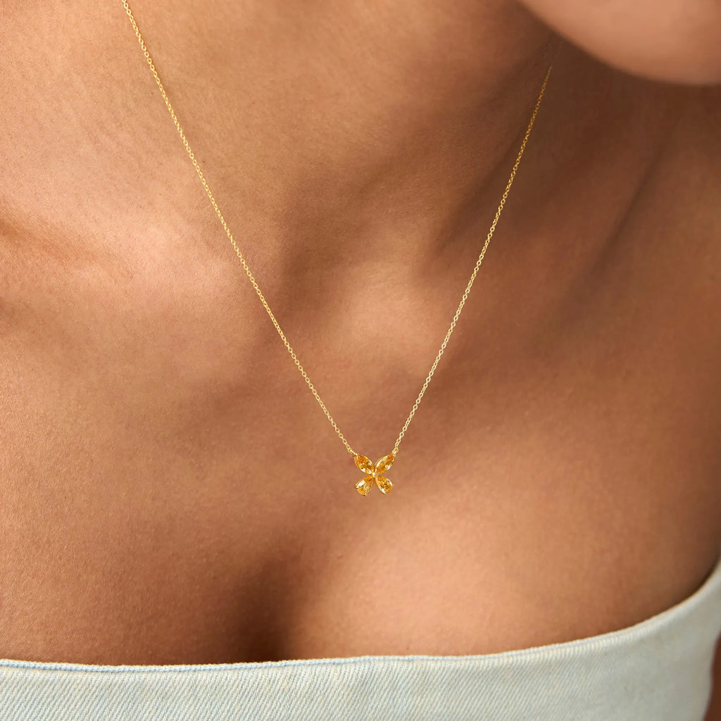 14k Solid Gold Citrine Pear and Marquise Butterfly Necklace 0.90 Carat
