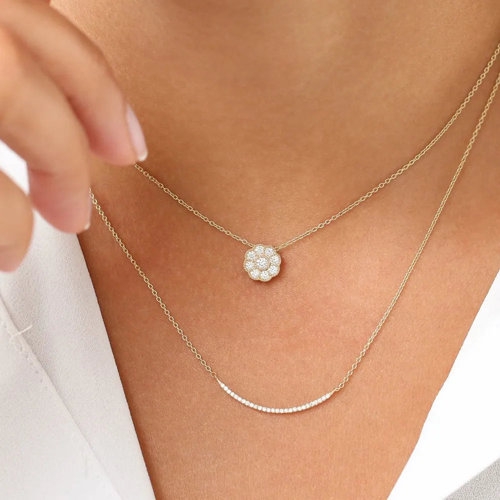 14K Solid Gold Round Diamond Floral Pendant Necklace 0.35ctw