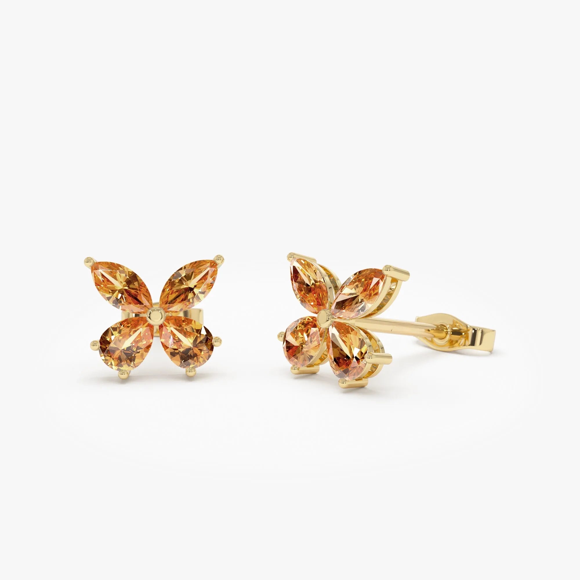 14K Solid Gold Marquise and Pear Cut Citrine Butterfly Stud Earrings 1.20ctw