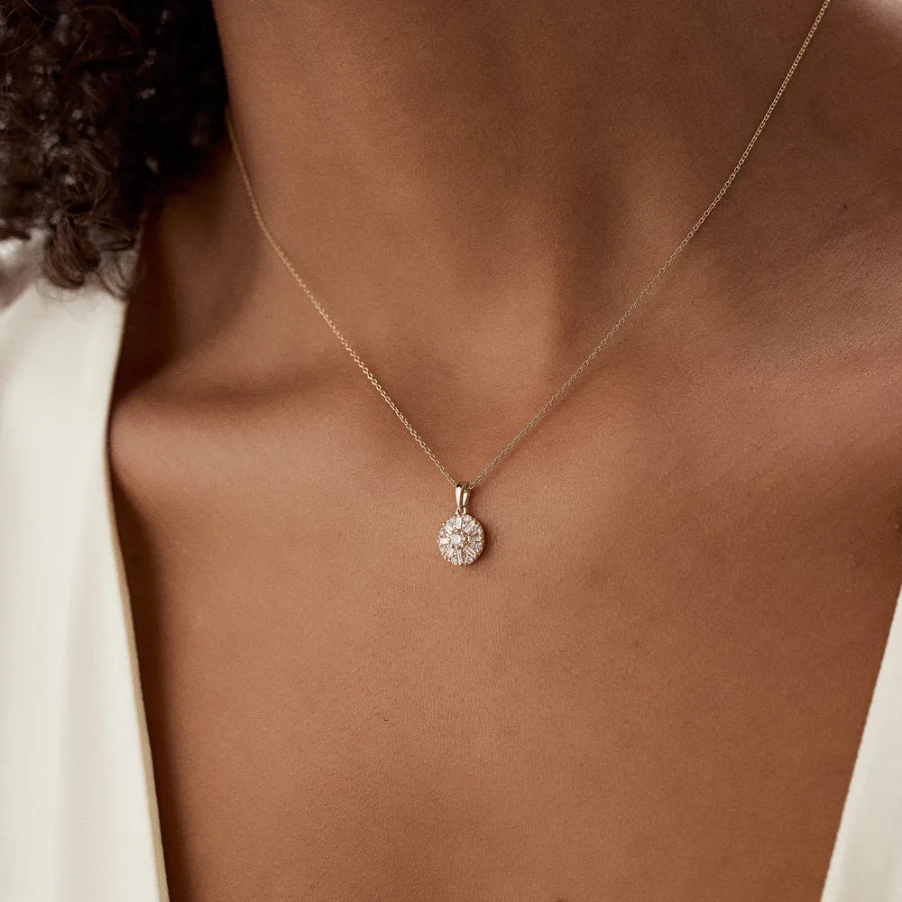 14K Solid Gold Baguette and Round Diamond Cluster Pendant Necklace 0.32ctw