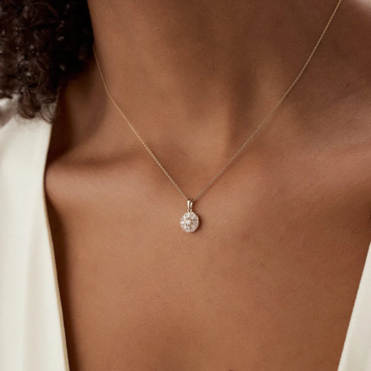 14K Solid Gold Baguette and Round Diamond Cluster Pendant Necklace 0.32ctw