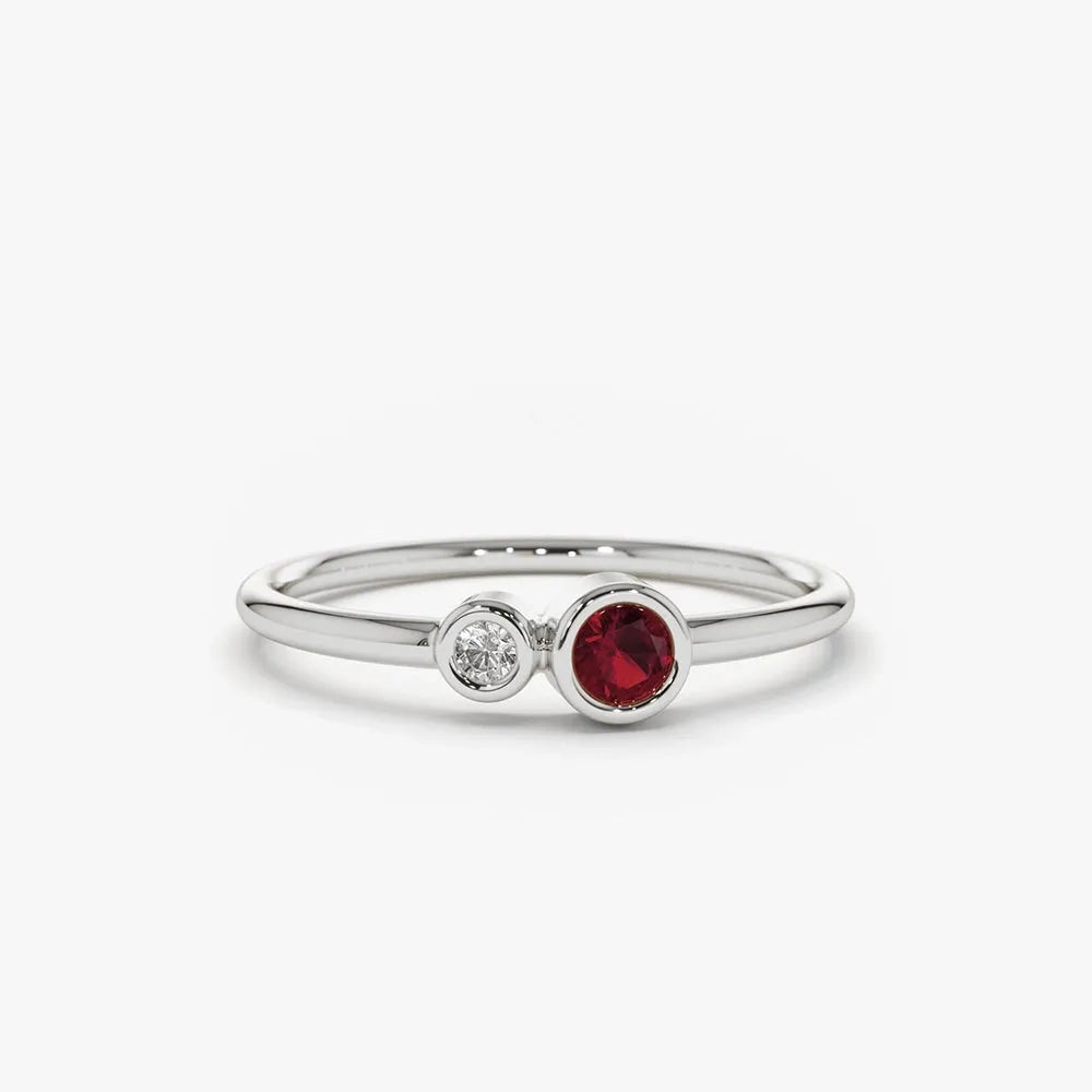 14k Gold Ruby and Diamond Round Cut Ring Bezel Setting Minimalist 0.18 ctw