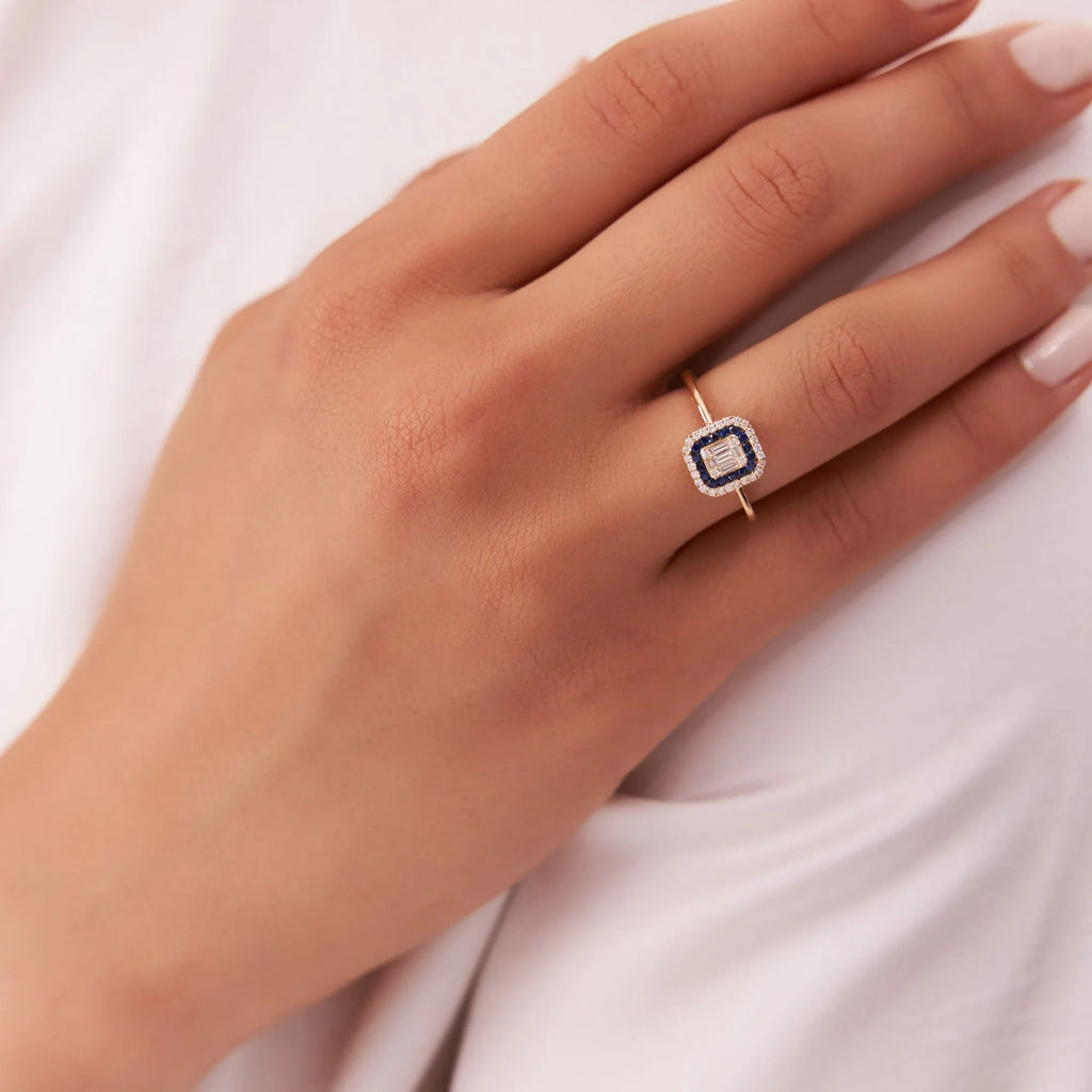 14k Gold Sapphire and Diamond Baguette and Round Cut Halo Setting Ring 0.47 ctw