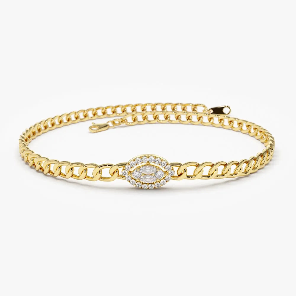 14K Solid Gold 0.19 CTW Marquise Round and Princess Cut Diamond Curb Link Illusion Setting Bracelet