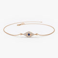 14K Solid Gold Round Diamond and Blue Sapphire Evil Eye Micro Pave Bracelet