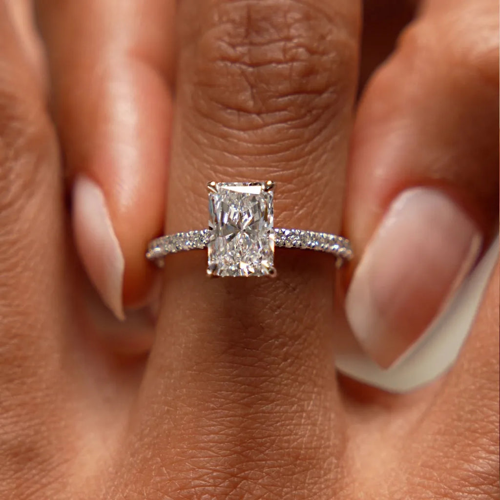 14k Gold Lab Grown Diamond Radiant Cut Ring Pavé Hidden Halo 2.45 CTW