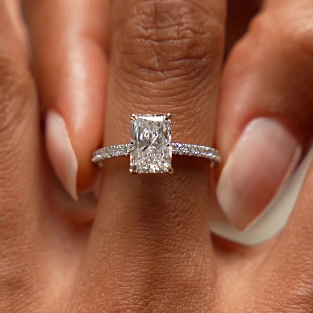 14k Gold Lab Grown Diamond Radiant Cut Ring Pavé Hidden Halo 2.45 CTW