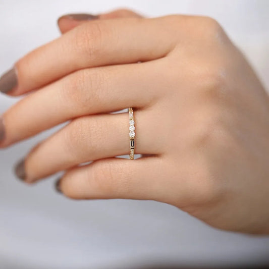 14K Solid Gold 0.23 CTW Round and Baguette Diamond Equilibrium Channel Micro Pave Ring