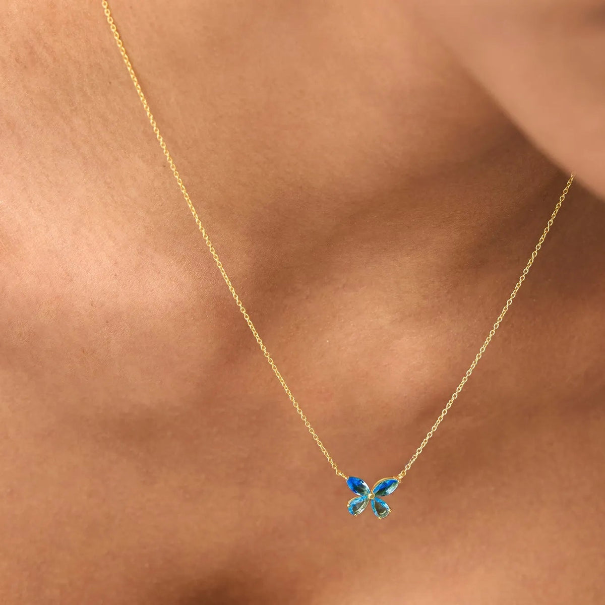 14k Solid Gold London Blue Topaz Pear and Marquise Butterfly Necklace 1.21 Carat