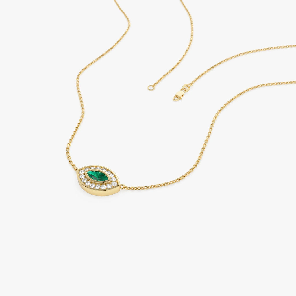 14k Solid Gold Marquise Emerald 0.18 CTW and Round Diamond 0.13 CTW Halo Pendant Necklace