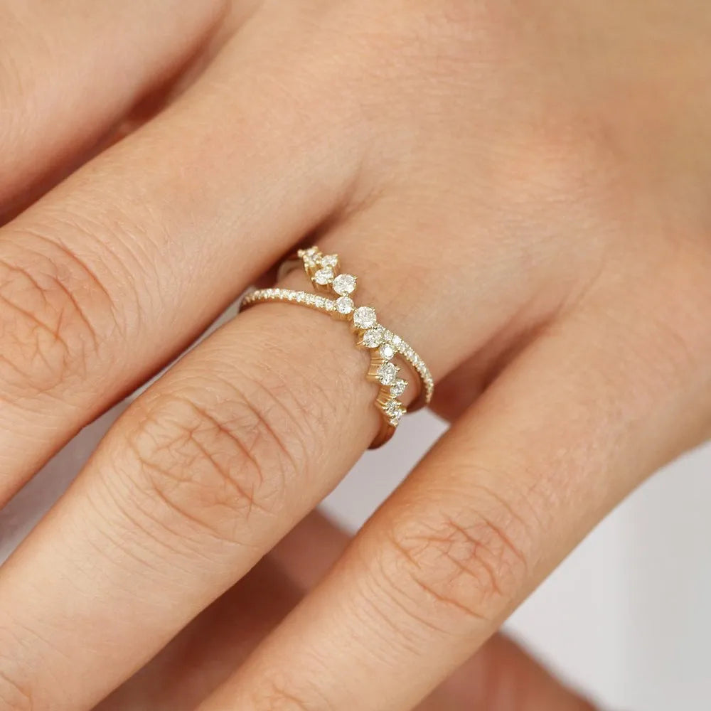 14k Gold Round Diamond Criss Cross Cluster Ring 0.53ctw Micro Pave Setting