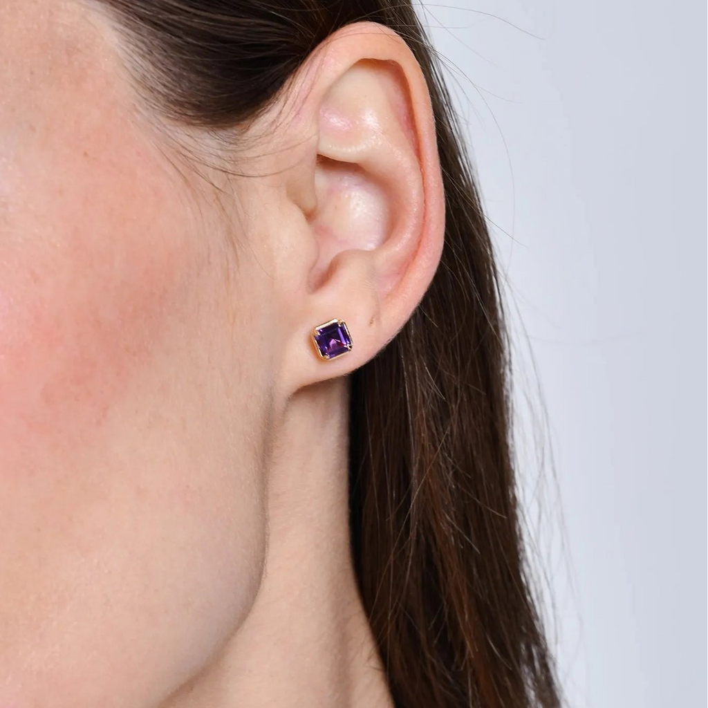14K Solid Gold Asscher Cut Amethyst Stud Earrings 1.30ctw