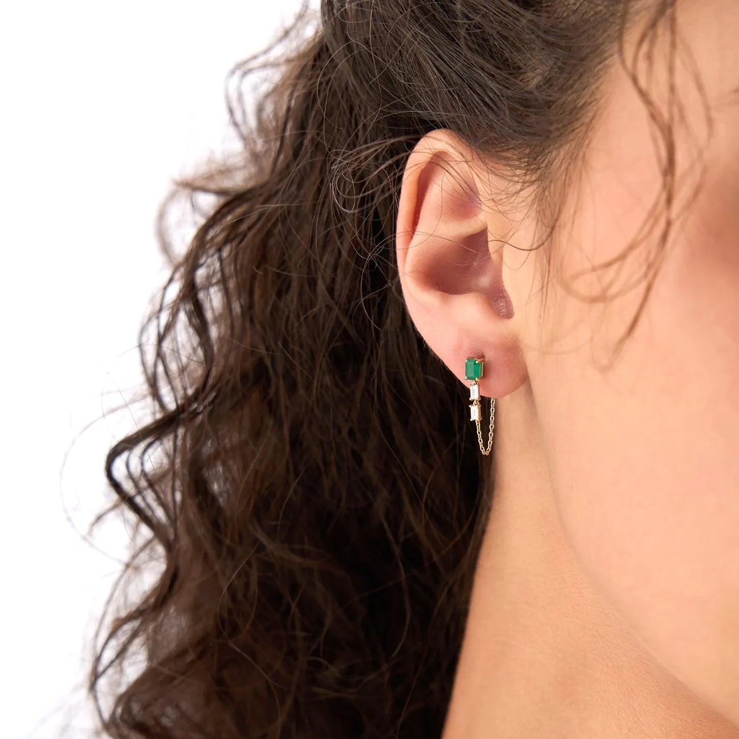 14k Solid Gold Emerald Cut Emerald and Baguette Diamond Linked Drop Earrings 0.70 ctw