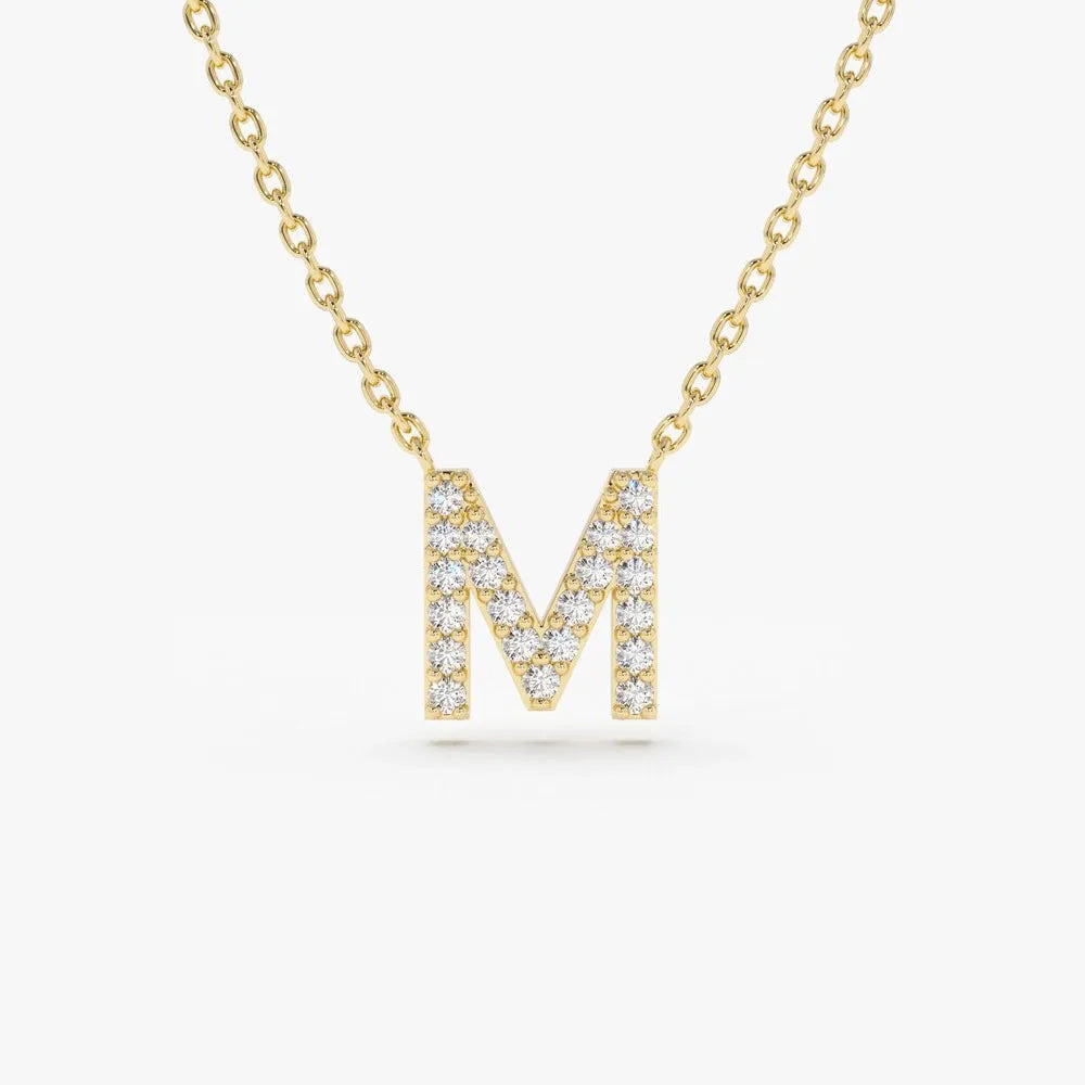 14k Solid Gold Round Diamond 0.13 to 0.18 CTW Micro Pave Initial Pendant Necklace
