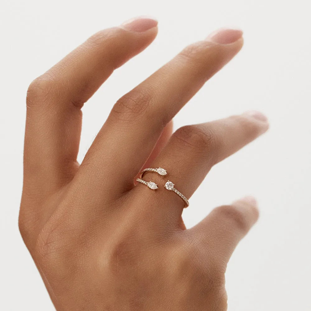 14K Solid Gold Marquise and Round Diamond 0.40 Carat Open Design Claw Ring