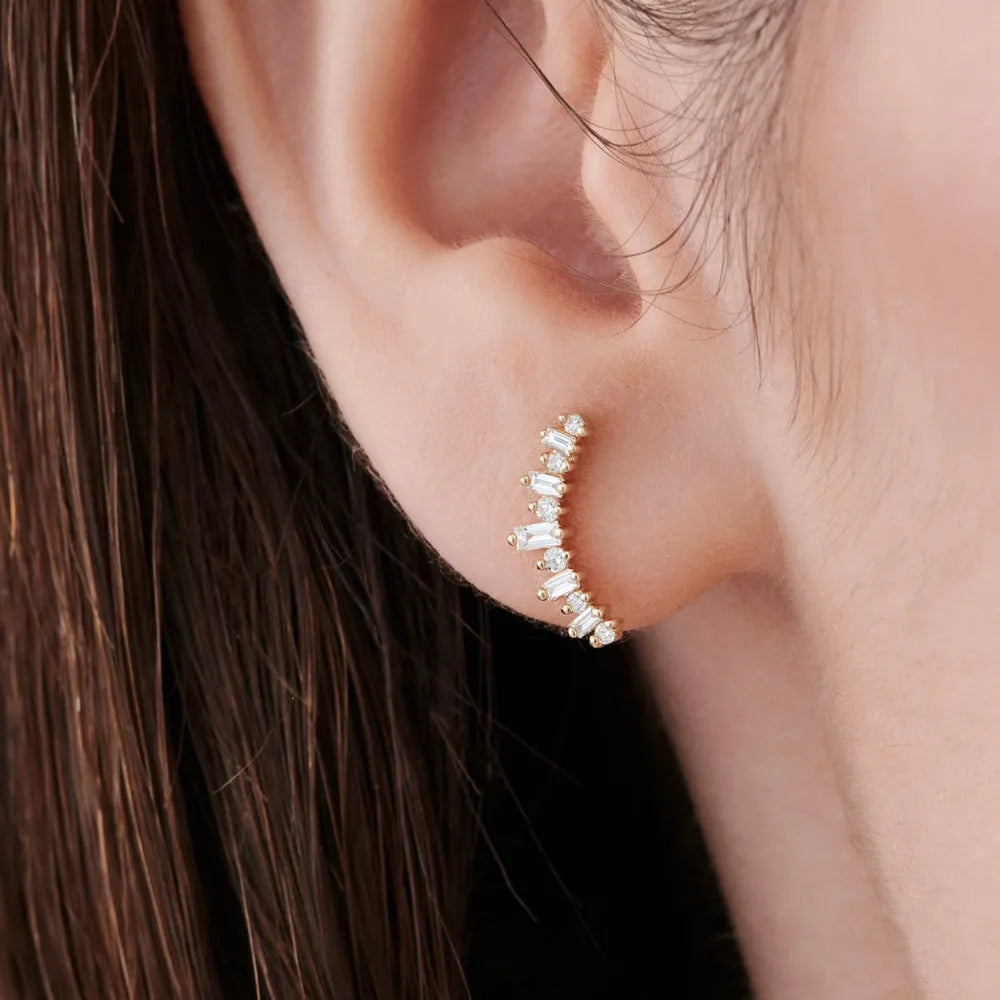 14k Gold Diamond Baguette and Round Cut Ear Crawler Earrings Prong Setting 0.35 ctw
