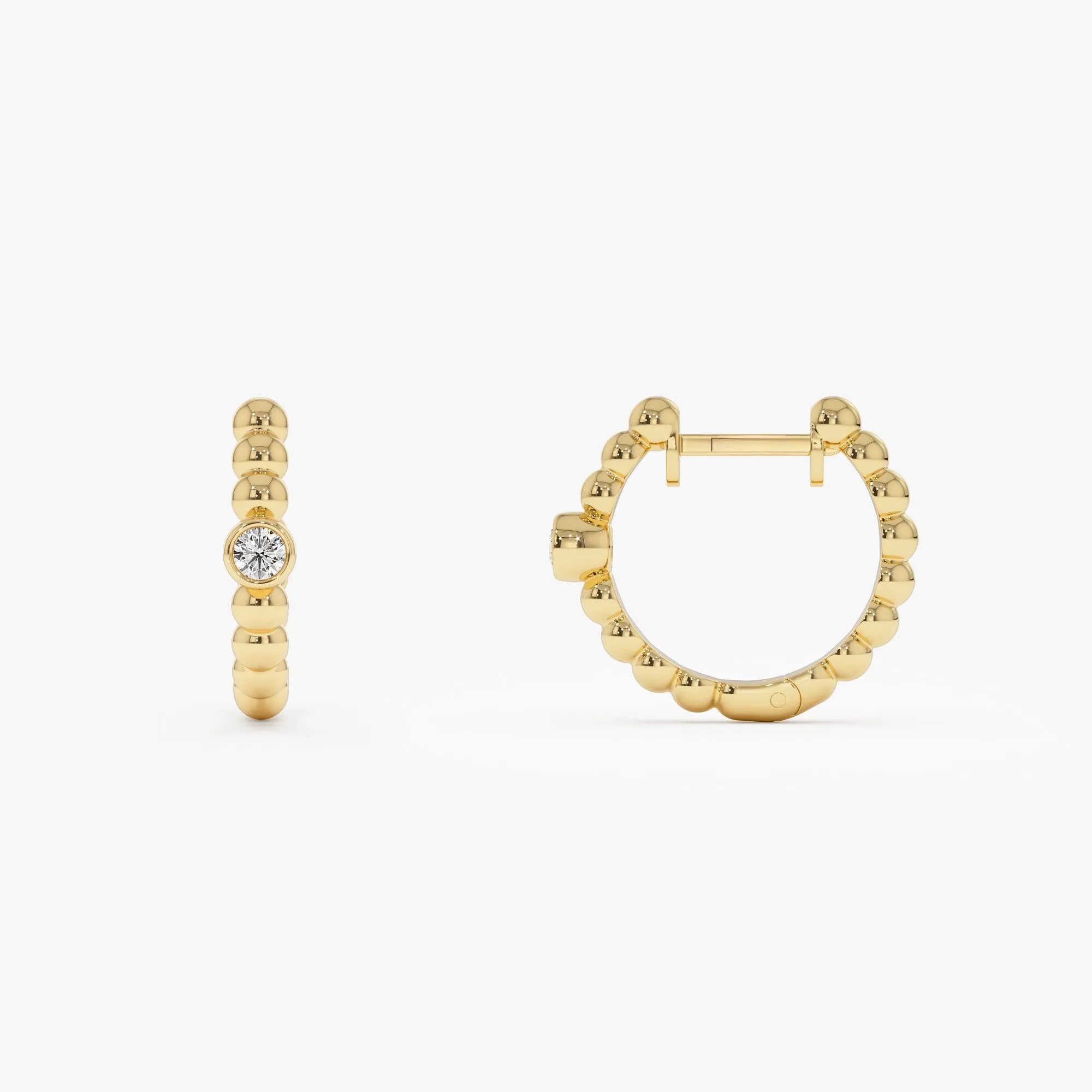 14k Gold Diamond Round Cut Bezel Setting Beaded Huggie Earrings 0.10 ctw