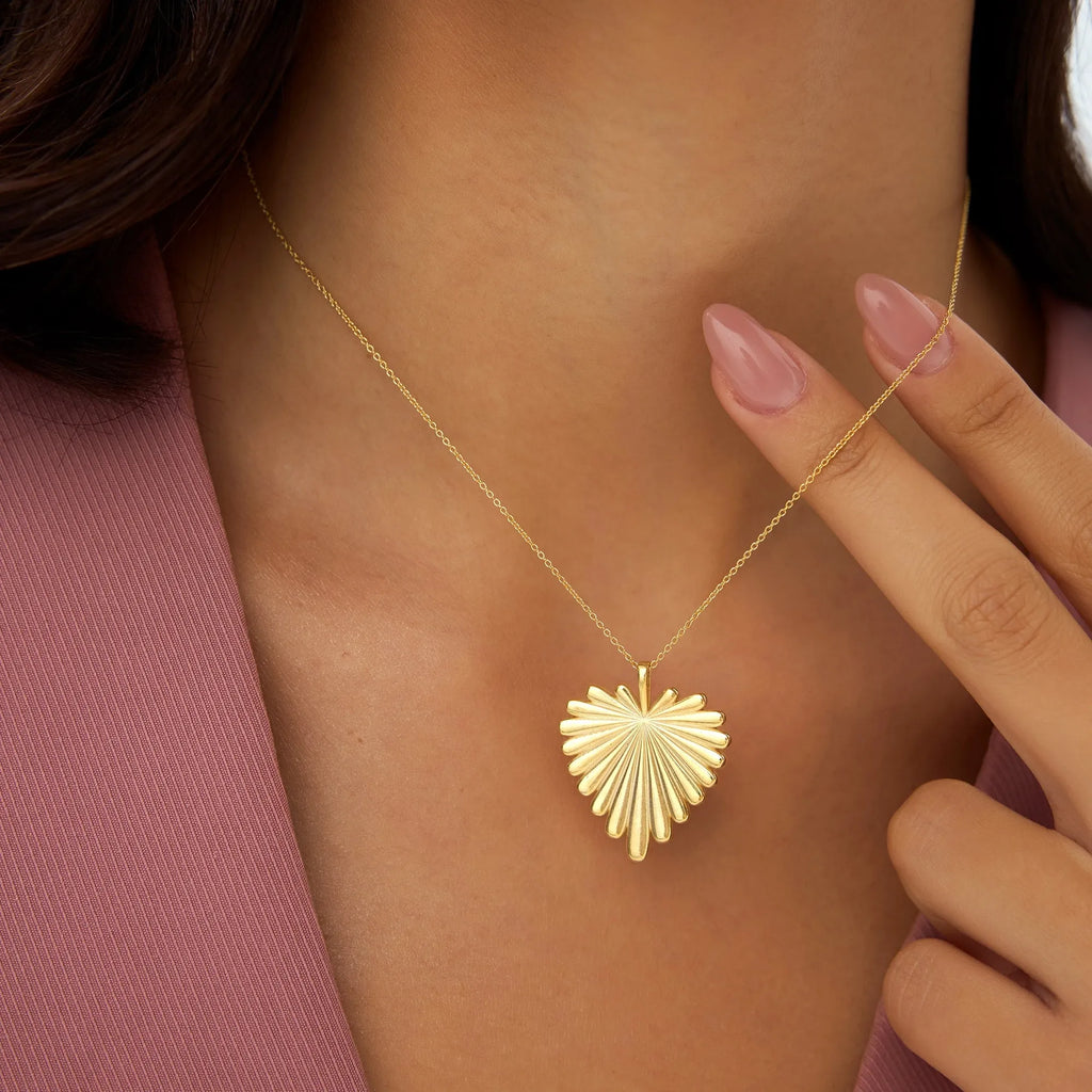 14k Solid Gold Sunburst Heart Pendant Necklace