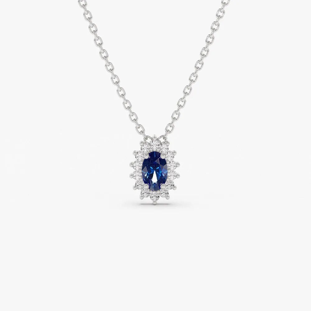 14k Solid Gold Sapphire and Diamond Oval Halo Necklace 0.35 Carat
