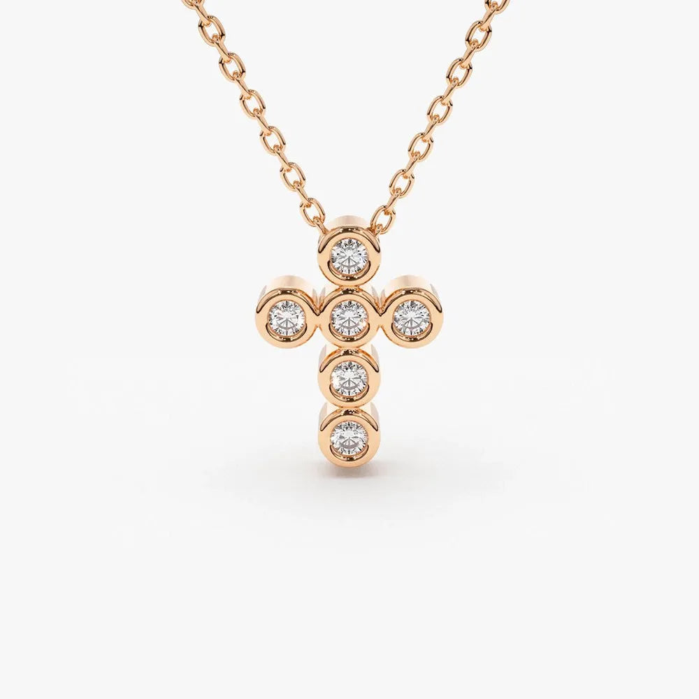 14K Solid Gold Round Diamond 6 Stone Cross Pendant Necklace Bezel Set 0.26ctw