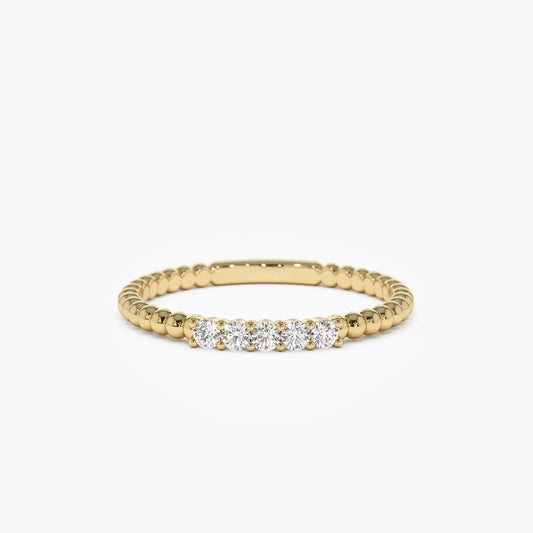 14K Solid Gold 0.10 ctw Natural Round Diamond Stacking Beaded Band