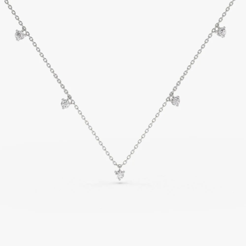 14K Solid Gold Round Diamond 5 Stone Dangling Necklace Prong Setting 0.35ctw