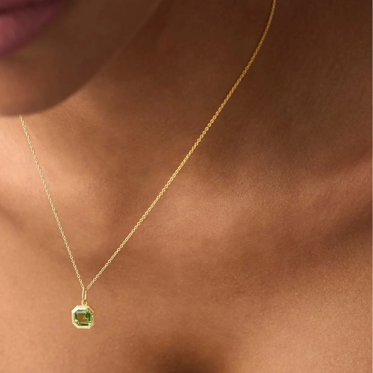 14k Solid Gold Peridot Asscher Cut Necklace 1.20 Carat Bezel Setting
