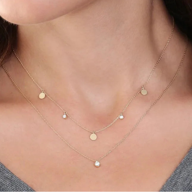 14K Solid Gold Round Diamond Bezel Set Dangling Disc Necklace 0.08ctw