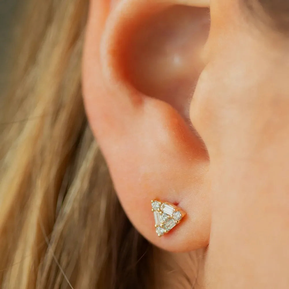 14k Gold Diamond Round and Baguette Cut Triangle Stud Earrings 0.45 ctw