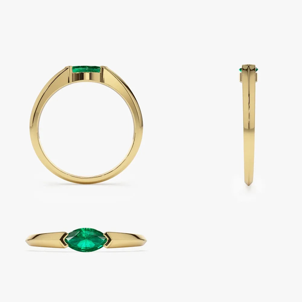14K Gold Horizontal Marquise Natural Emerald Ring 0.25 CTW Handcrafted Jewelry