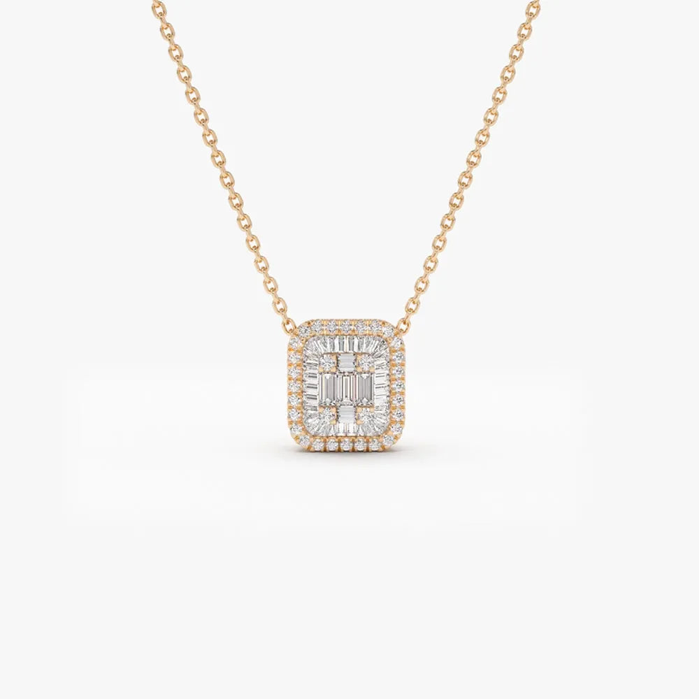 14K Solid Gold Baguette and Round Diamond Statement Necklace Prong and Channel Setting 0.47ctw
