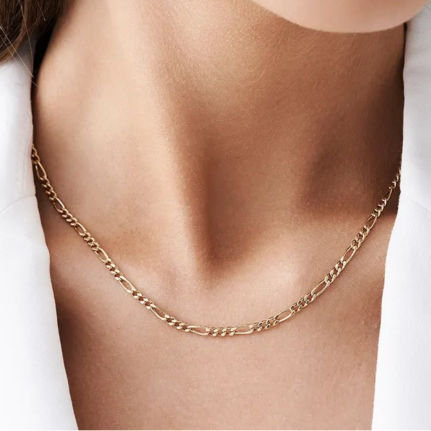 14k Solid Gold Figaro Link Chain Necklace for Layering