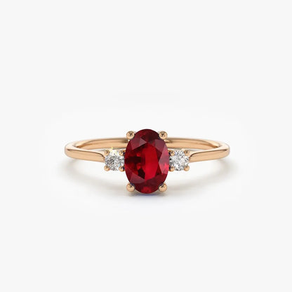 14k Gold Ruby and Diamond Oval and Round Cut Three Stone Ring 0.77 ctw