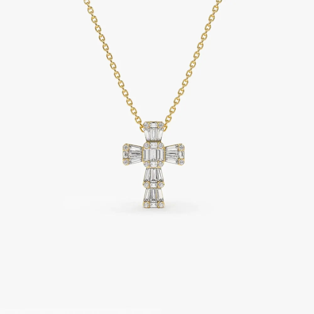 14k Solid Gold Baguette and Round Diamond 0.26 CTW Illusion Setting Cross
